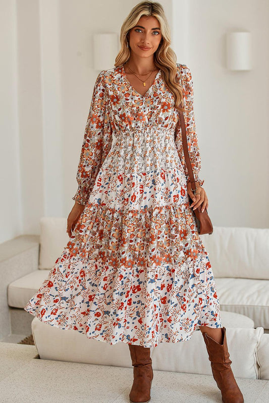 Khaki Floral Print Ruffled Tiered Long Sleeve V Neck Midi Dress - The Fair Lady Shop