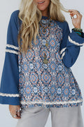 Blue Boho Geometric Print Lace Ricrac Raglan Sleeve Blouse - The Fair Lady Shop