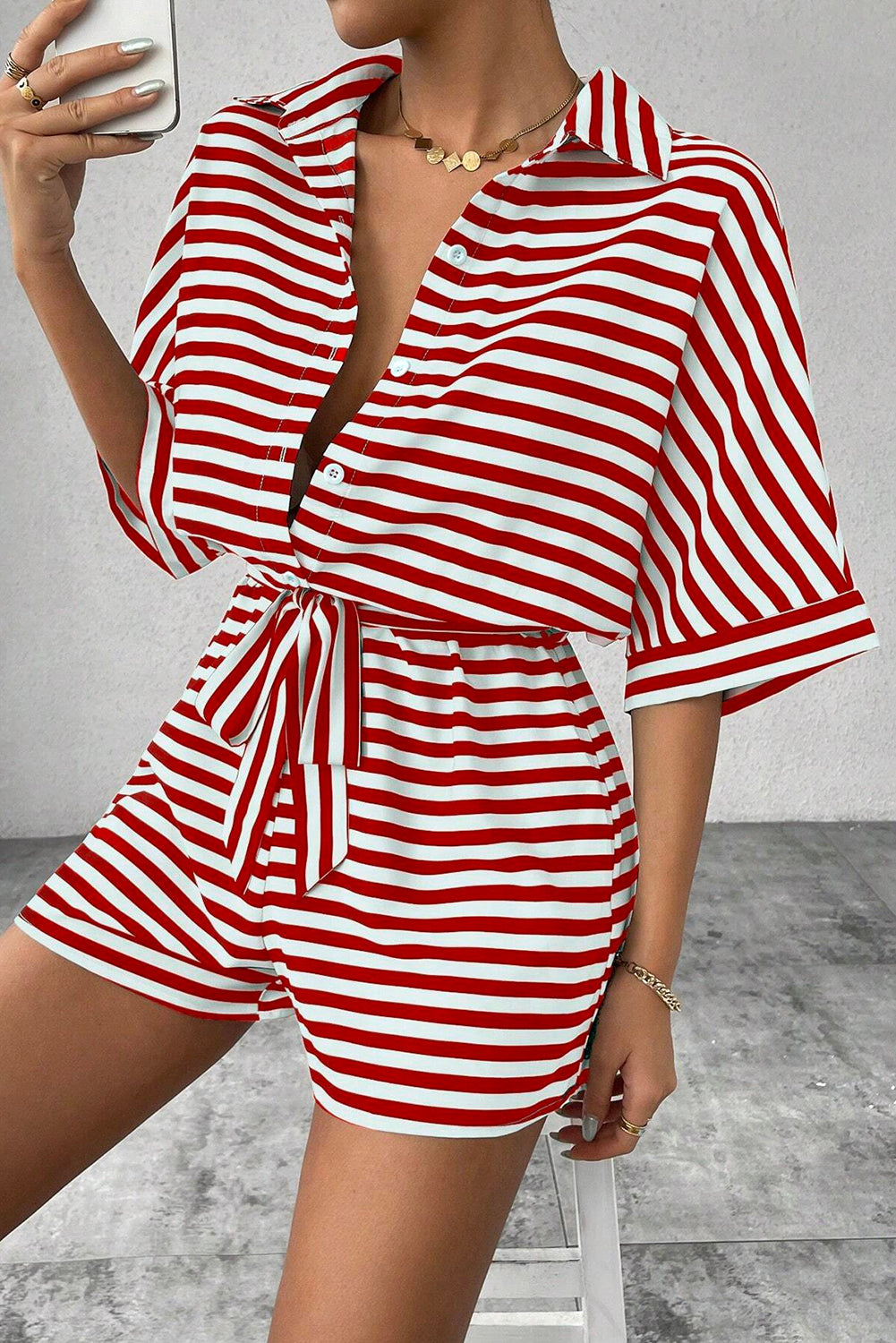 Red Stripe Button Collared Mid Sleeve Belted Romper - The Fair Lady Shop