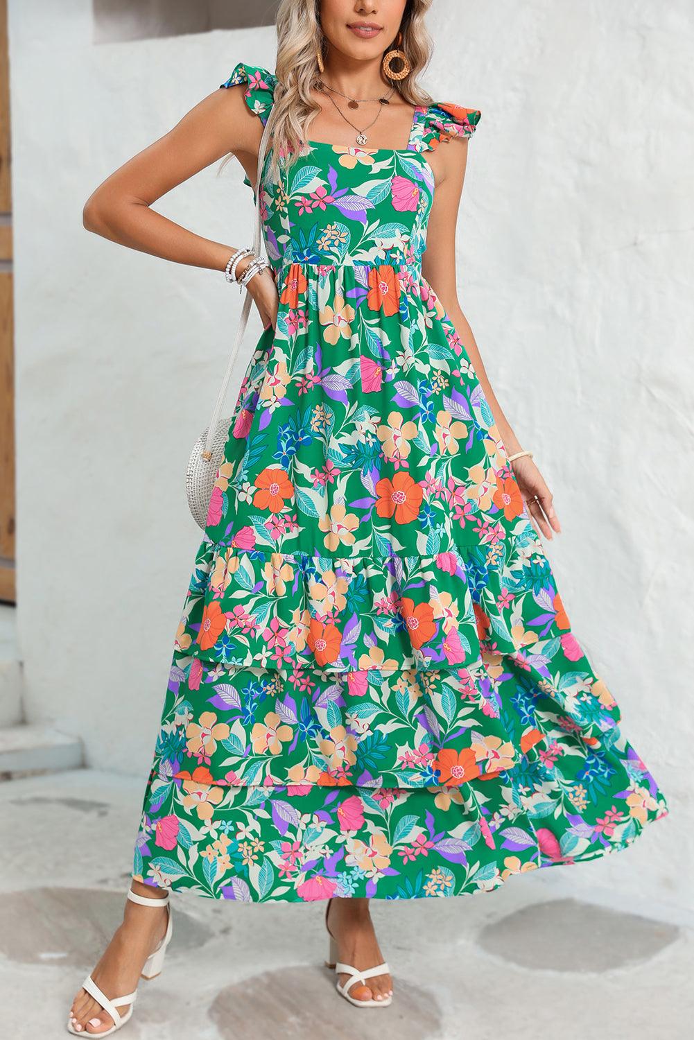Pink Floral Print Sleeveless Ruffle Tiered Maxi Dress - The Fair Lady Shop