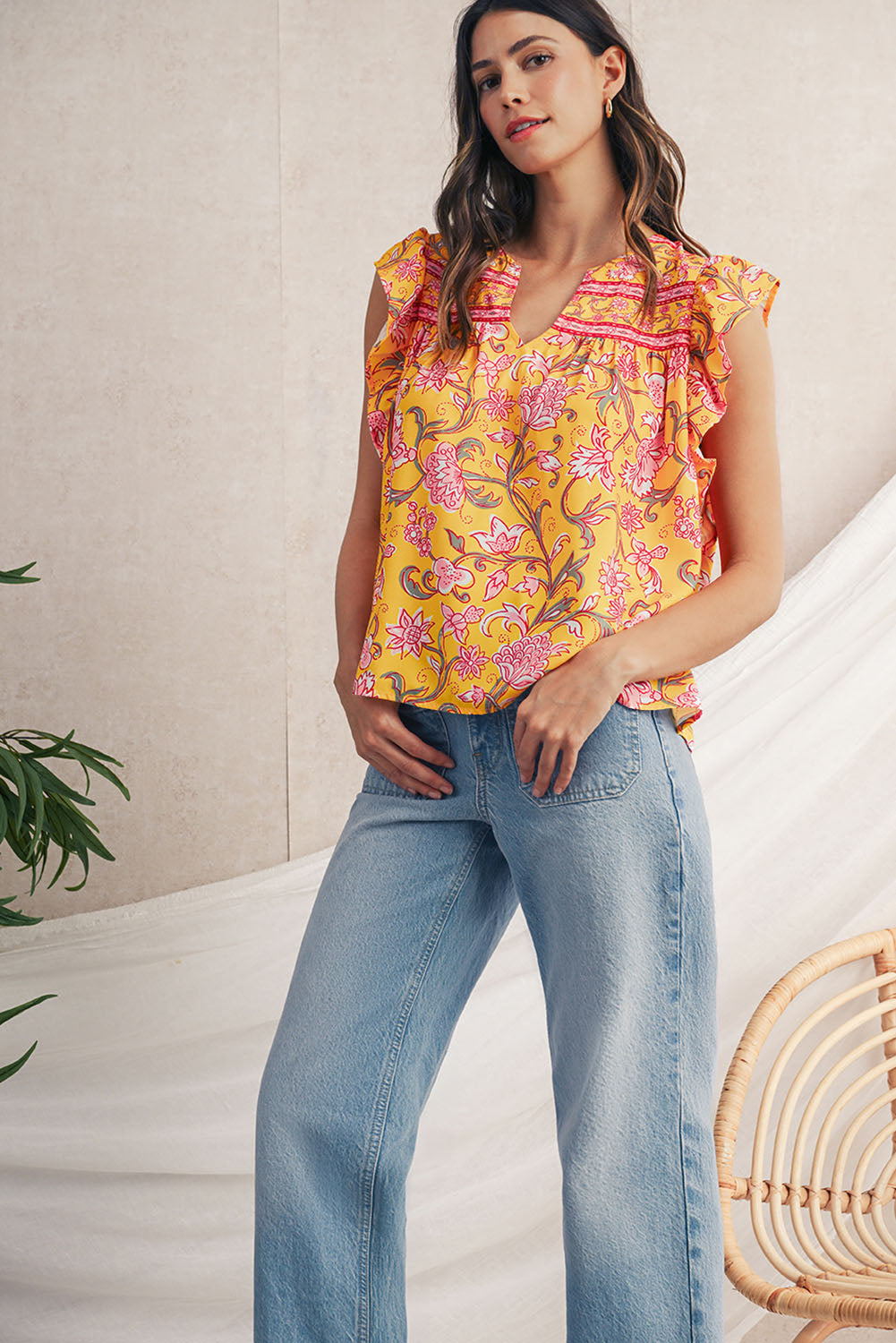 Yellow Floral Ruffle Shoulder V Neck Flowy Blouse - The Fair Lady Shop