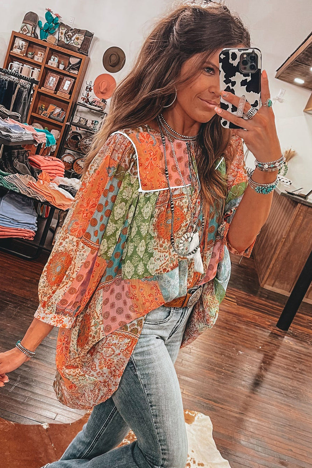 Orange Boho Paisley Mixed Print 3/4 Sleeve Chiffon Loose Dress - The Fair Lady Shop