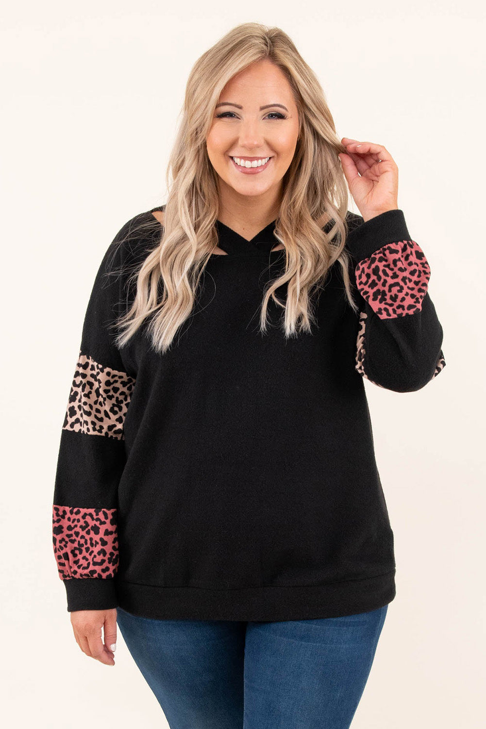 Black Plus Size Leopard Patchwork Strappy Neck Top - The Fair Lady Shop