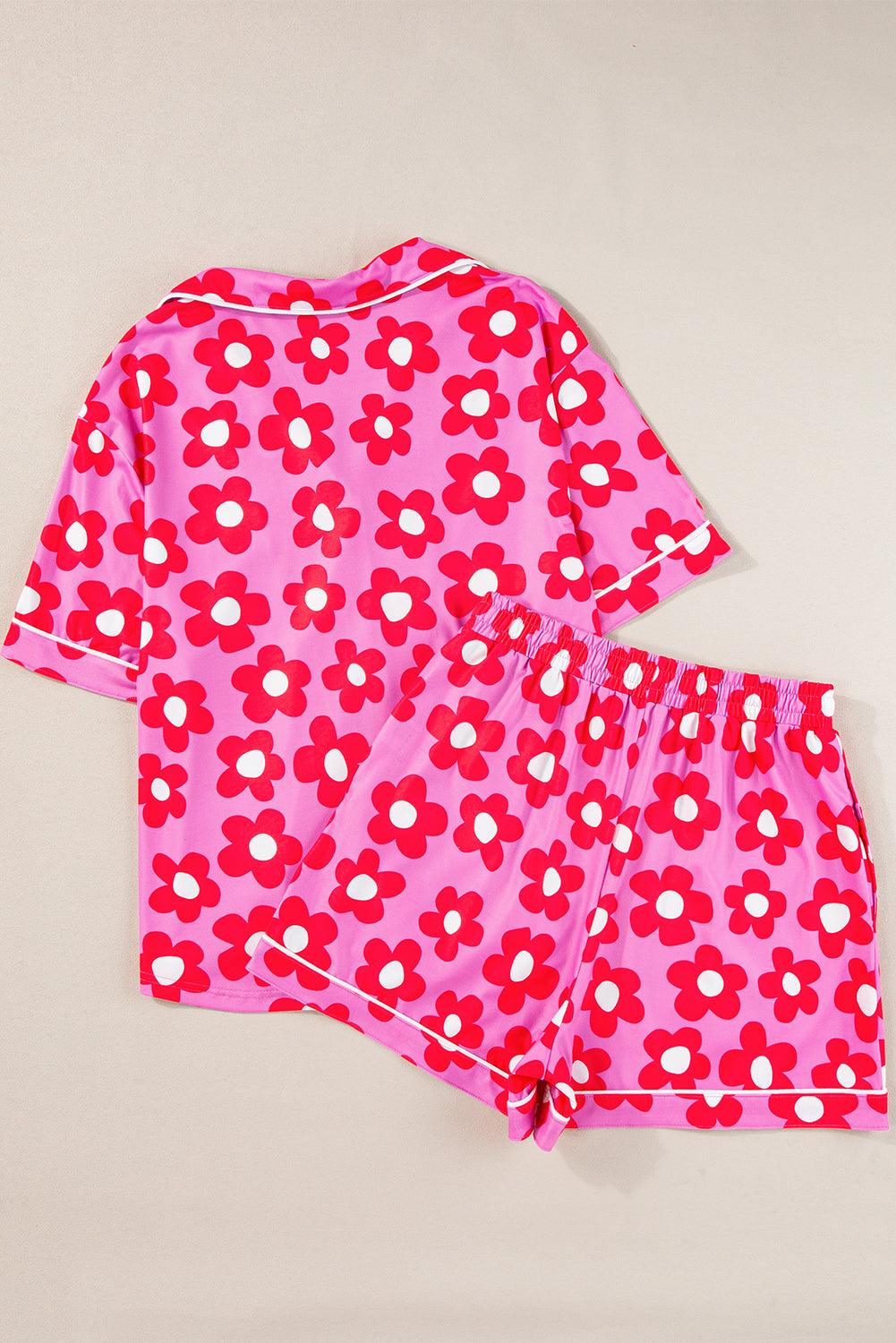 Green Flower Print Buttoned Shirt and Drawstring Waist Pajama Set - The Fair Lady Shop