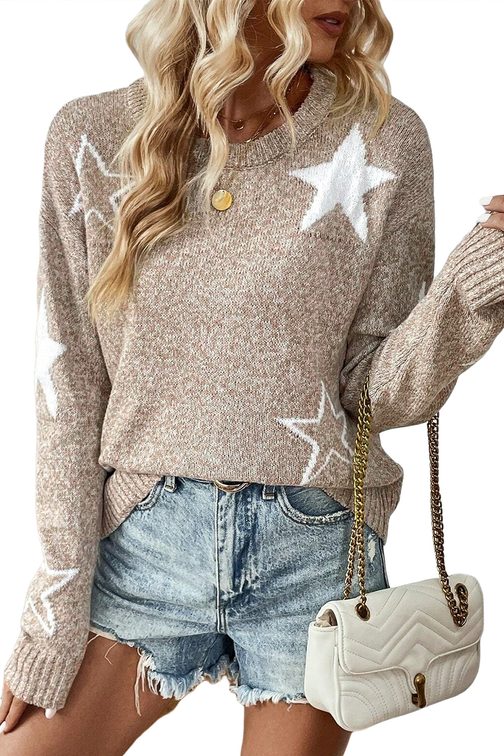 Khaki Star Pattern Drop Shoulder Knit Sweater - The Fair Lady Shop