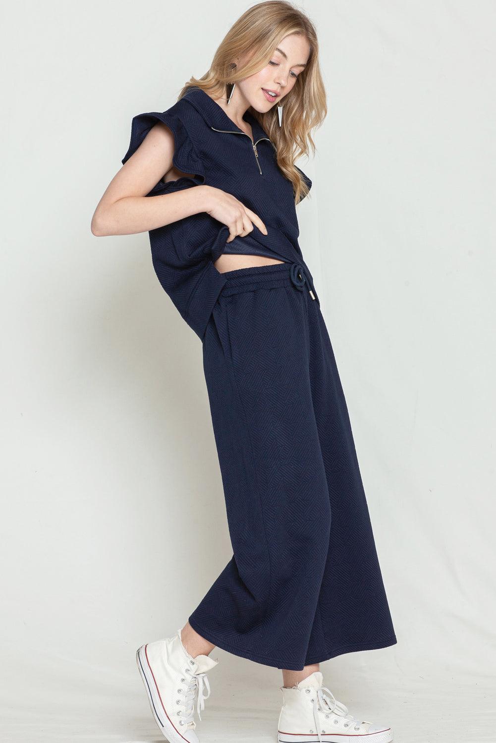 Black Textured Ruffle Cap Sleeve Top and Wide Leg Pants Set - The Fair Lady Shop
