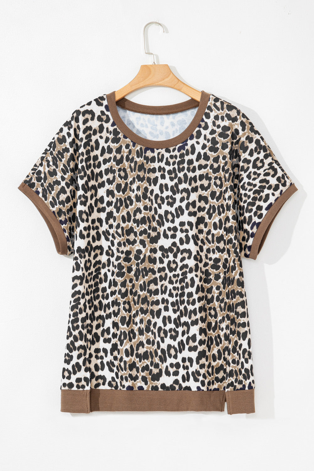 Khaki Leopard Contrast Trim Short Sleeve Loose Plus Size Top - The Fair Lady Shop