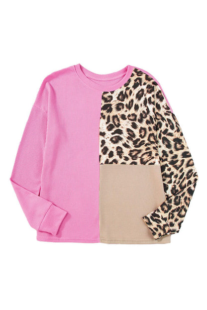 Bonbon Casual Waffle Knit Leopard Contrast Long Sleeve Top - The Fair Lady Shop