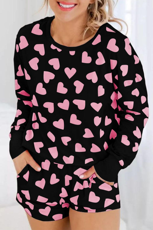 Black Heart Shape Print Long Sleeve Top and Shorts Loungewear Set - The Fair Lady Shop