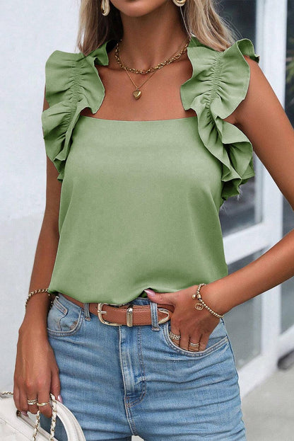 Oatmeal Solid Ruffle Trim Sleeveless Blouse - The Fair Lady Shop