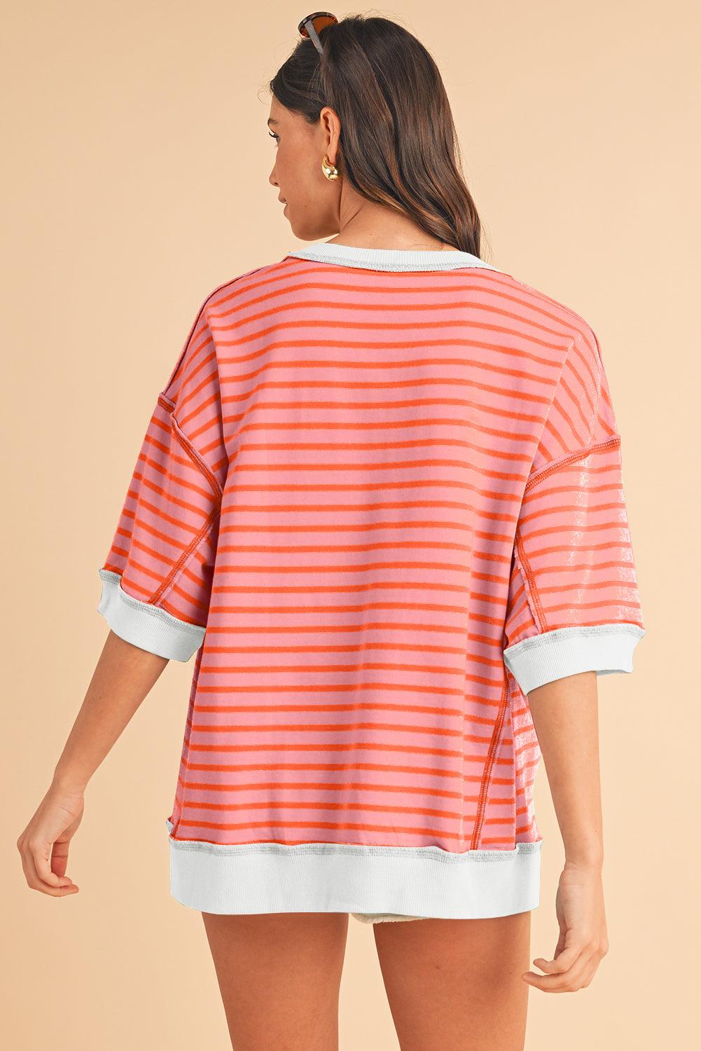 Pink Stripe Colorblock Drop Sleeve Oversized T Shirt - The Fair Lady Shop