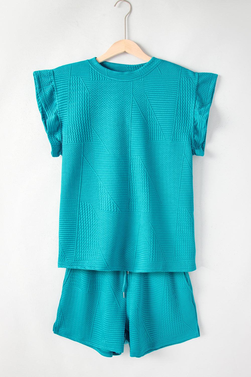 Dark Green Textured Ruffle Split Top and Drawstring Shorts Set - The Fair Lady Shop