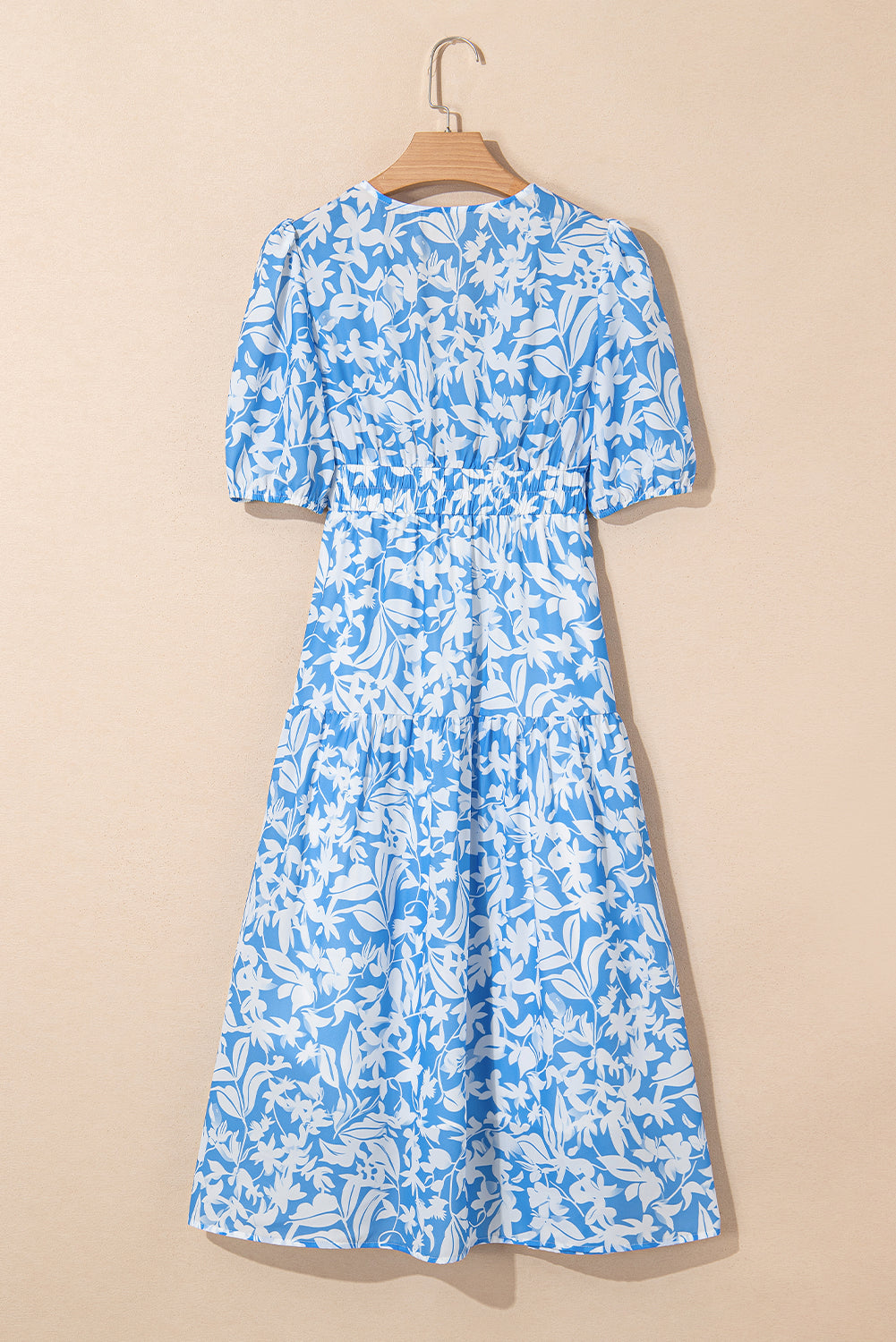 Sky Blue Floral Print Deep V Neck Puff Sleeve Flowy Dress - The Fair Lady Shop