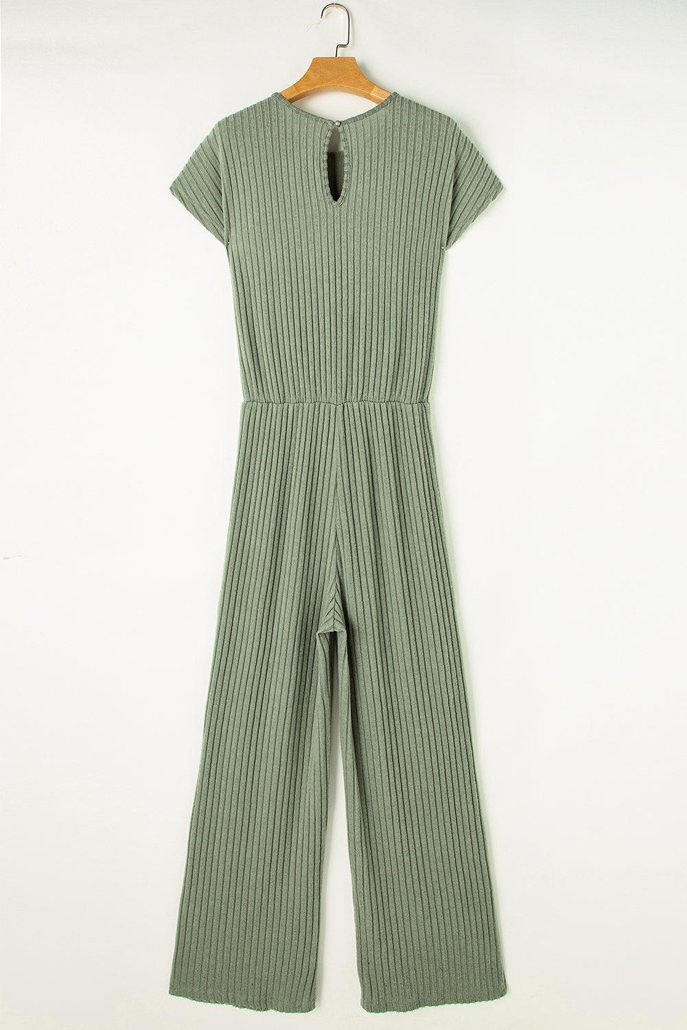 Grass Green Solid Color Ribbed Short Sleeve Wide Leg Jumpsuit - The Fair Lady Shop