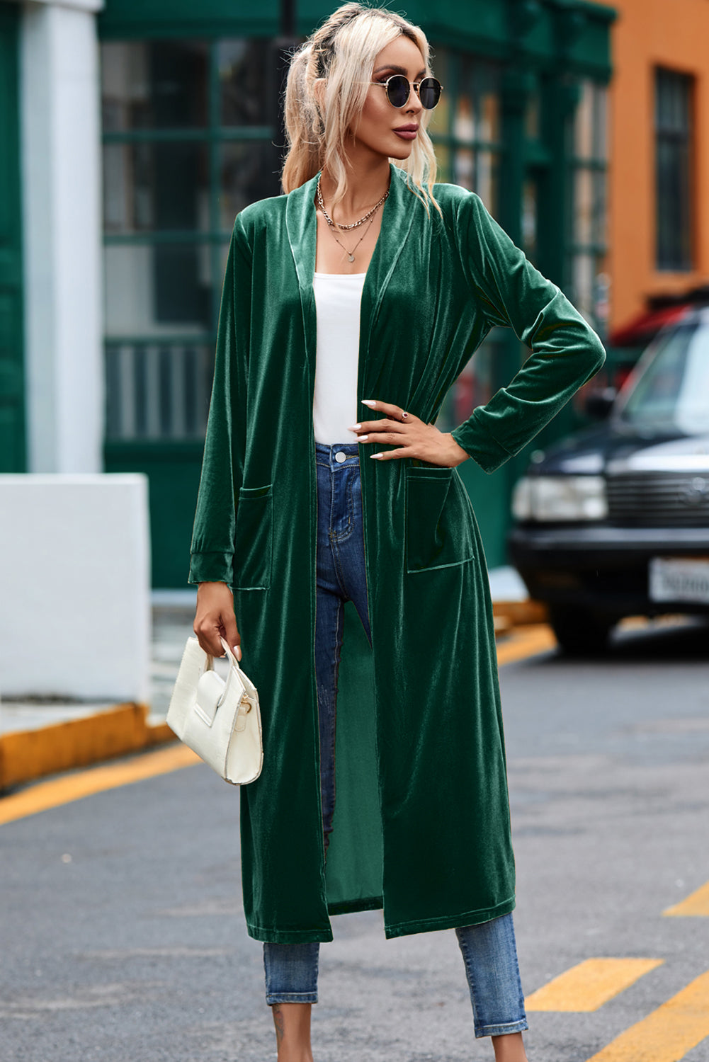Green Velvet Elegant Pocket Open Front Long Cardigan - The Fair Lady Shop