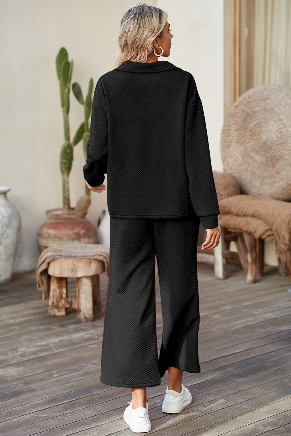 Black Plain Textured Collared V Neck Top and Wide Leg Pants Set - The Fair Lady Shop