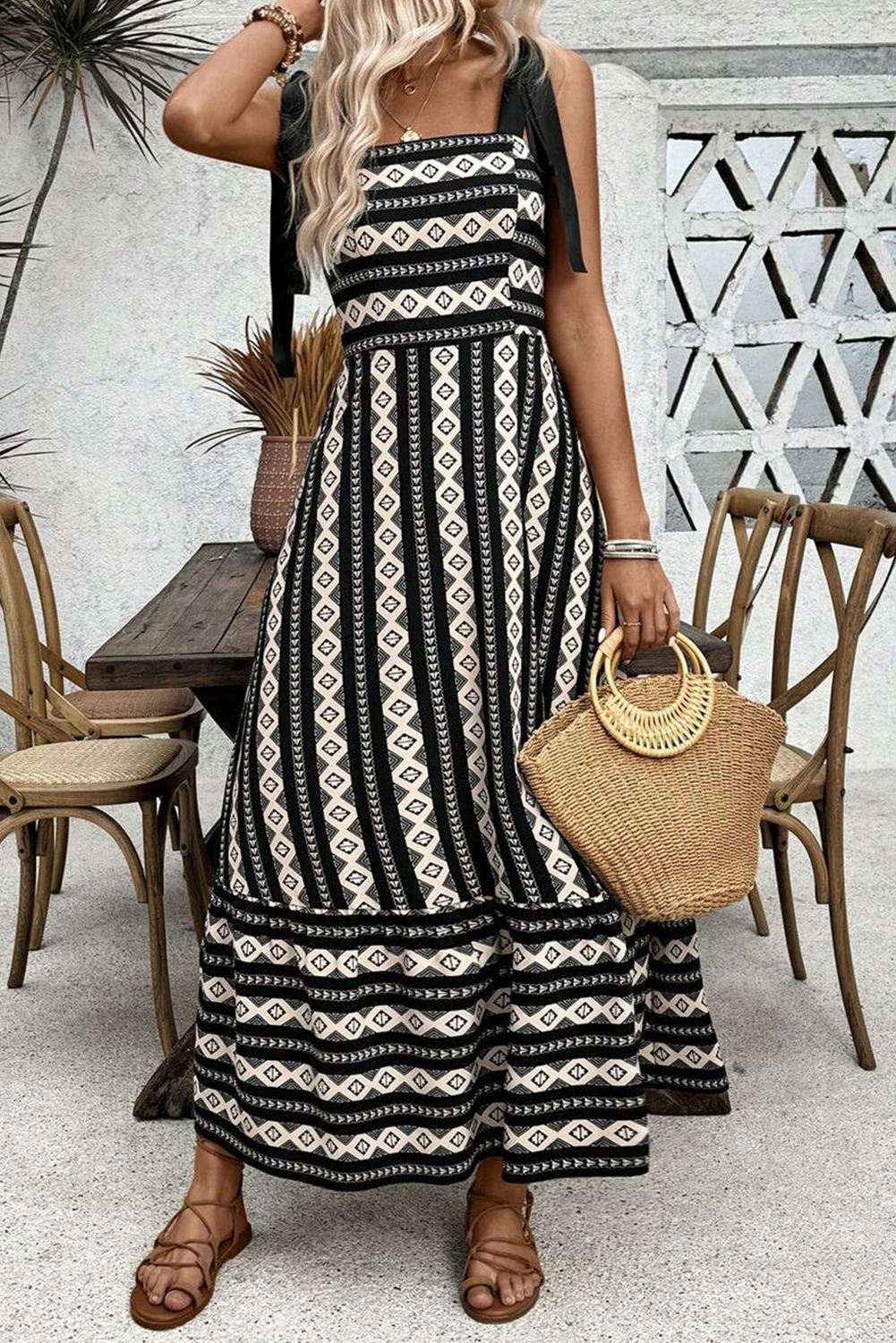 Black Geometric Striped Knot Strap Maxi Dress - The Fair Lady Shop