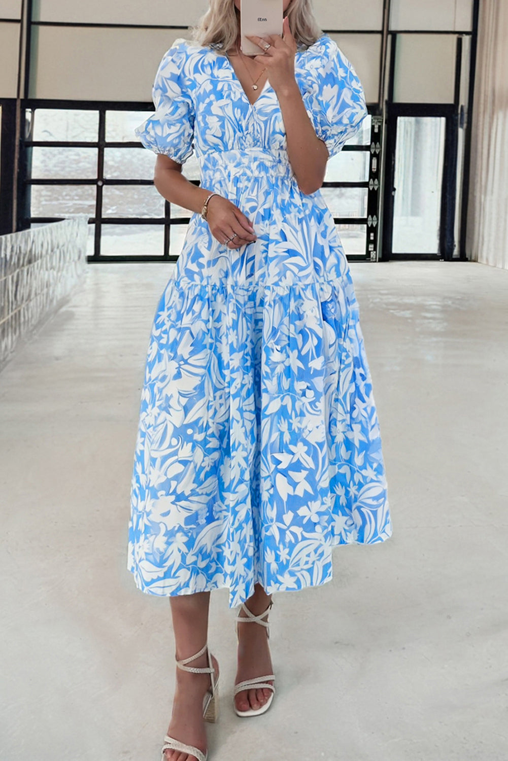 Sky Blue Floral Print Deep V Neck Puff Sleeve Flowy Dress - The Fair Lady Shop
