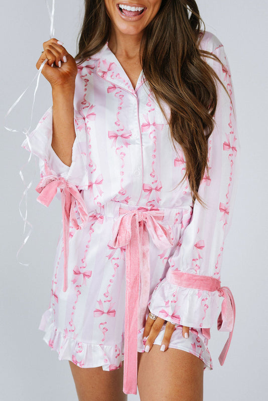 Pink Bow Print Bell Sleeve Shirt and Ruffle Hem Shorts Pajama Set - The Fair Lady Shop