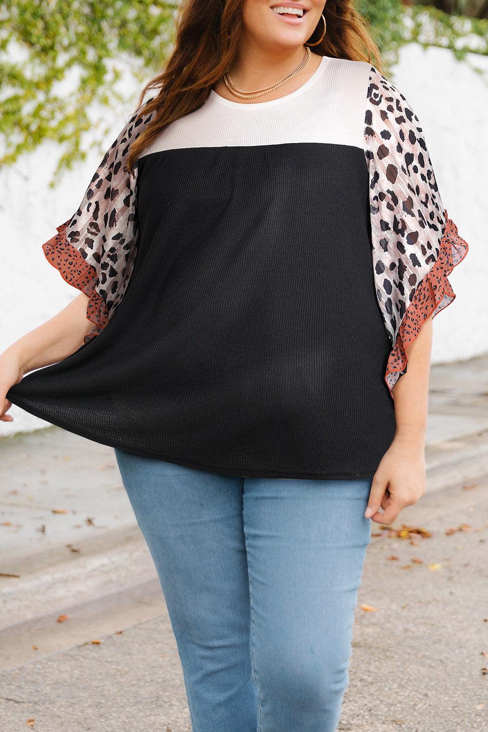 Black Rib Knit Animal Print Ruffle Sleeves Plus Size Top - The Fair Lady Shop