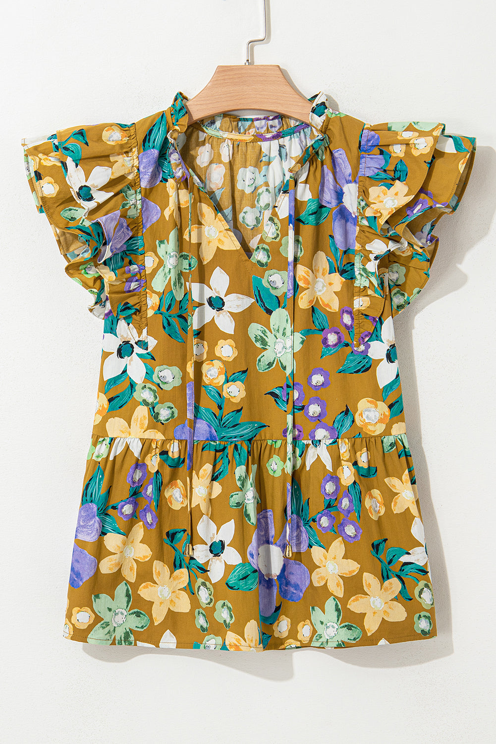 Yellow Floral Print Tie V Neck Ruffle Top - The Fair Lady Shop