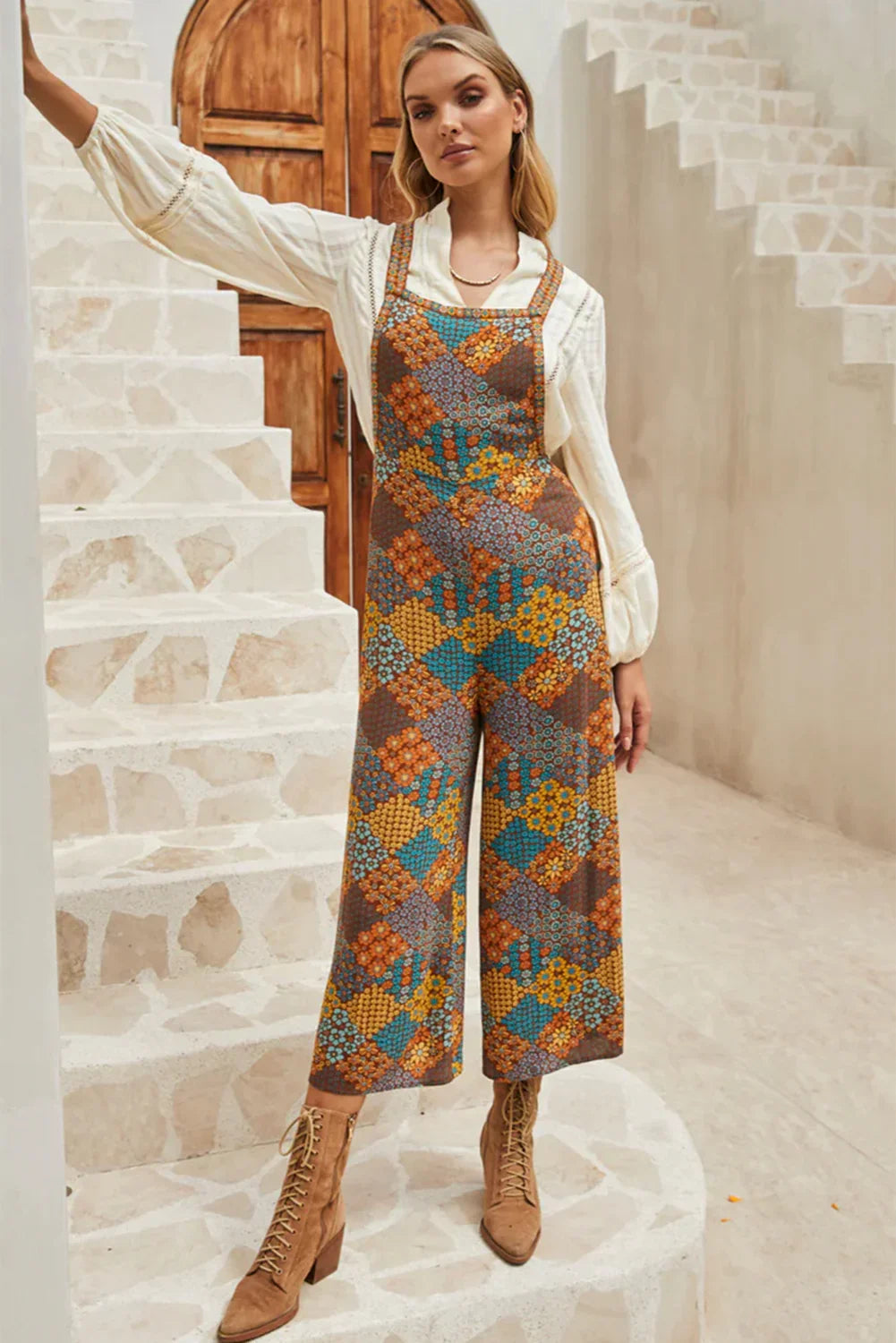 Multicolour Boho Floral Print Cropped Wide Leg Overalls - The Fair Lady Shop