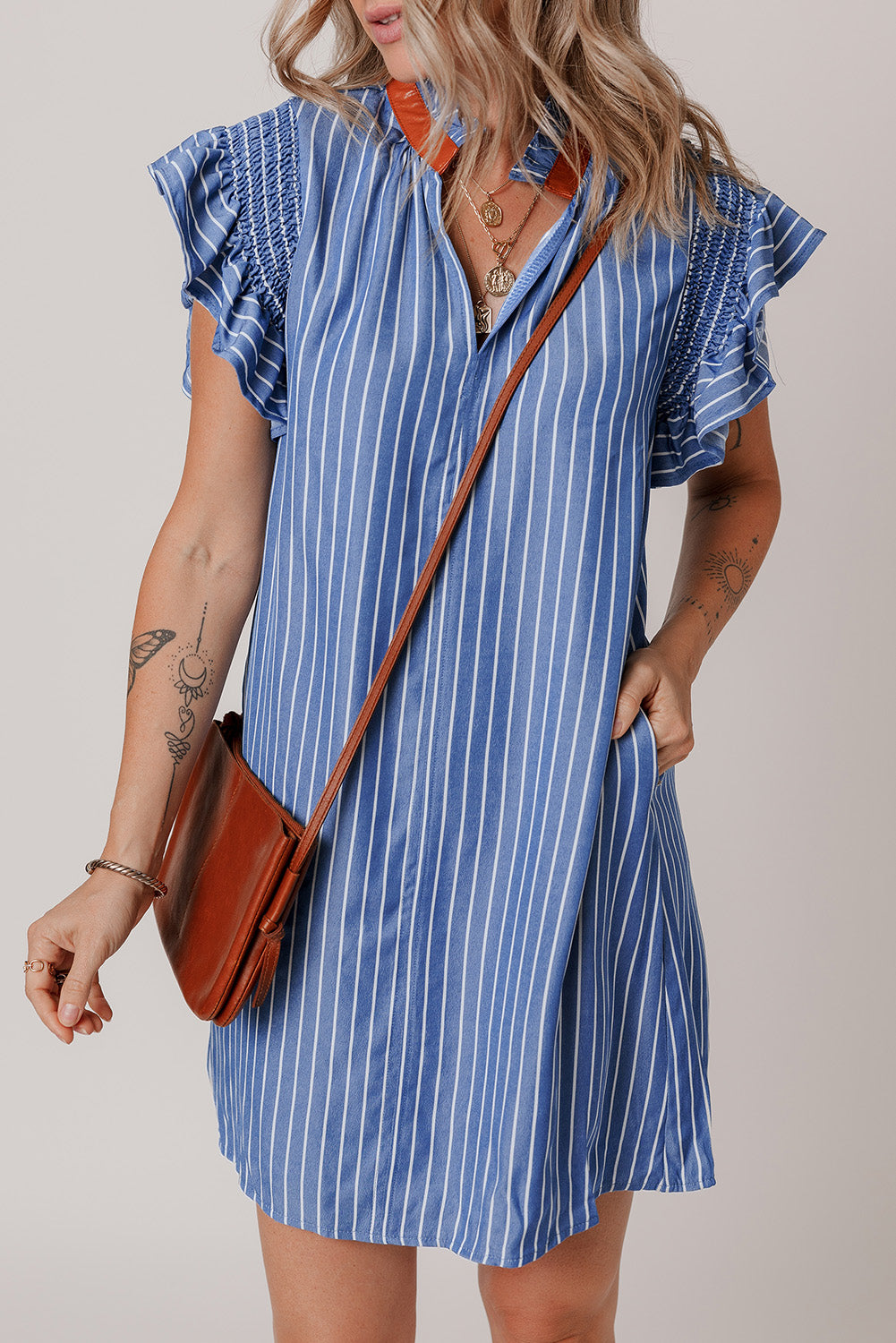 Sky Blue Stripe Frilly Split Neck Shirred Ruffle Sleeve Mini Shift Dress - The Fair Lady Shop