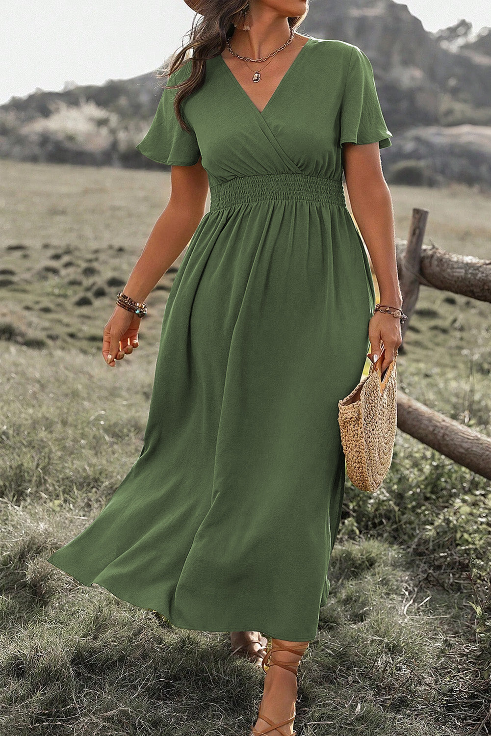 Green Surplice Neckline Smocked High Waist Plus Size Maxi Dress - The Fair Lady Shop