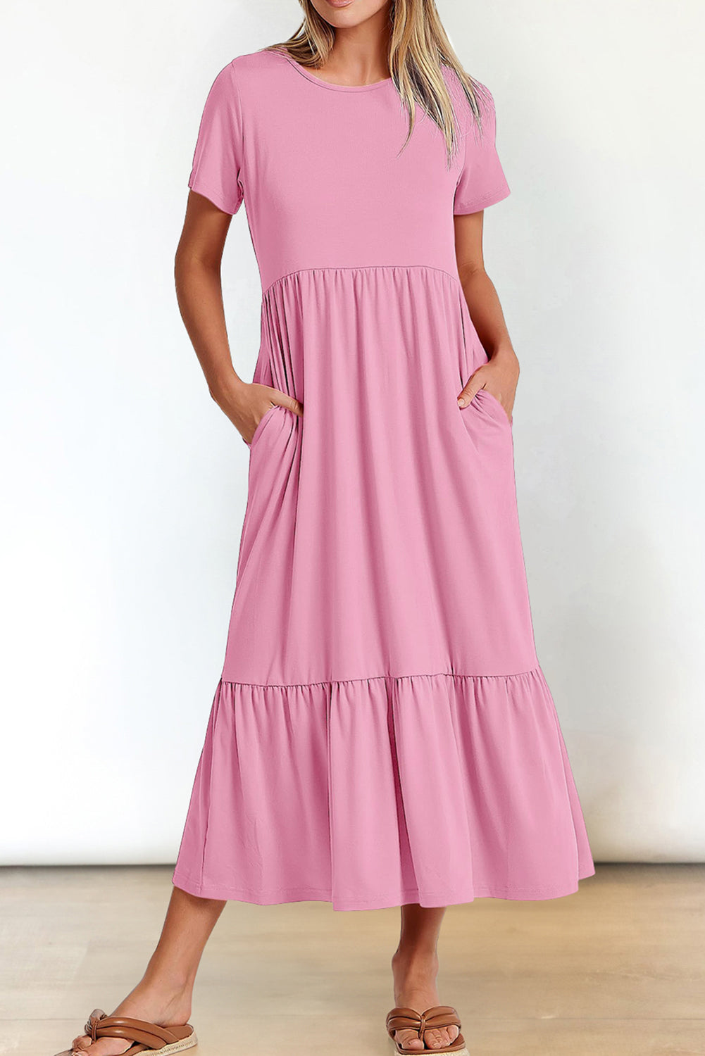 Pink Solid Color Short Sleeve High Waist Pocketed Midi Dress - The Fair Lady Shop