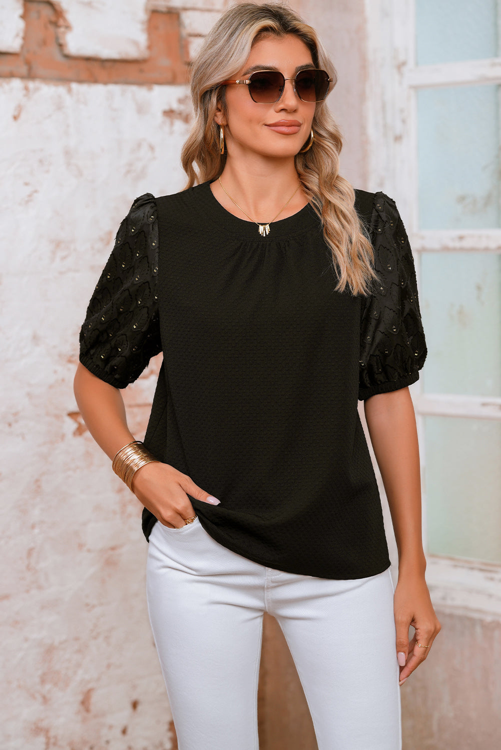Black Bubble Sleeve Patchwork Textured Top - The Fair Lady Shop