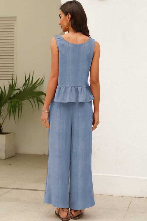 Beau Blue Solid Color Ribbed Ruffle Tank Top and Pants Set - The Fair Lady Shop