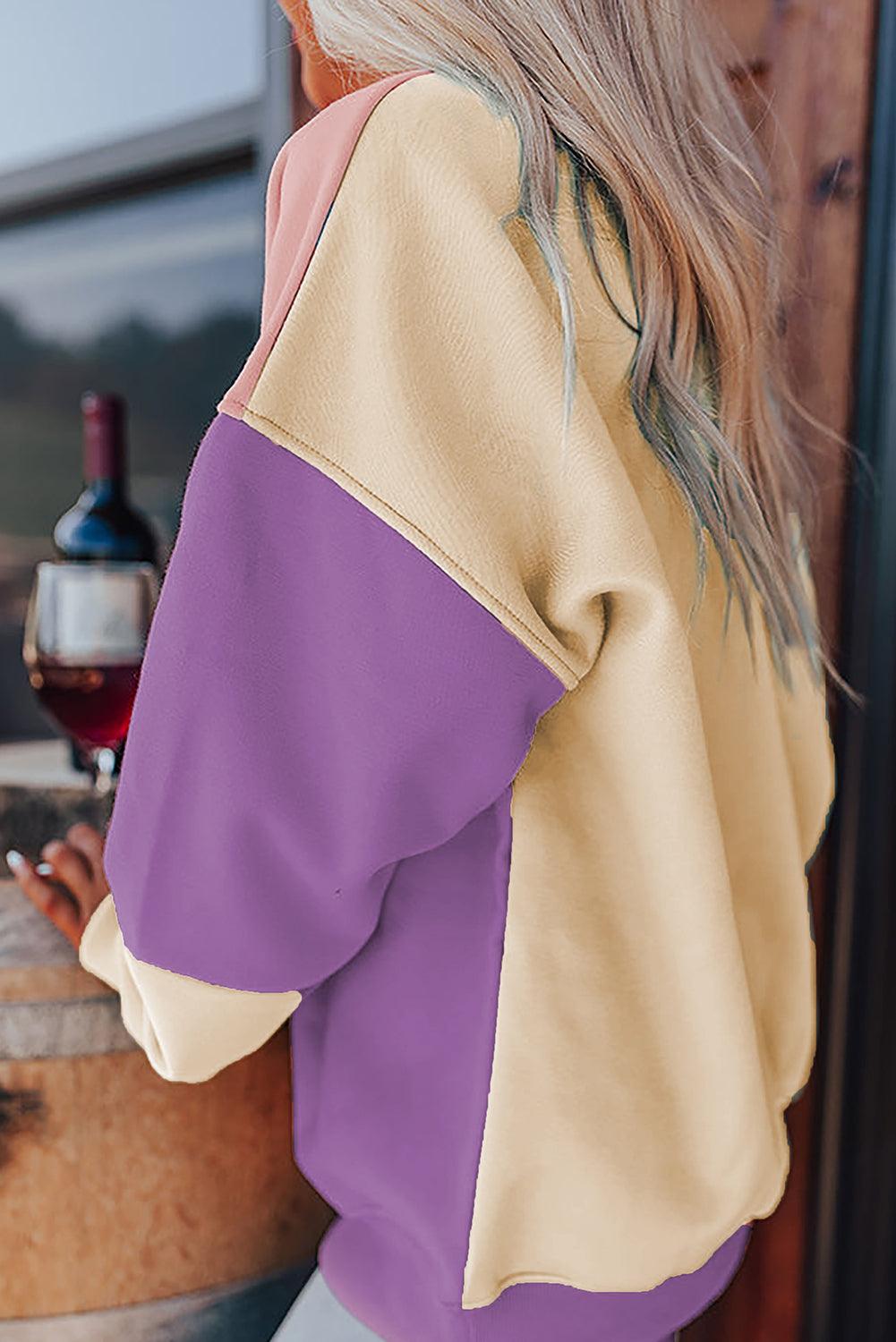 Meadow Mauve Colorblock Patchwork Drop Shoulder Sweatshirt - The Fair Lady Shop