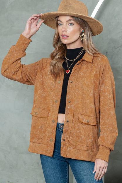 Khaki Snap Button Casual Jacket with Flap Pockets - The Fair Lady Shop