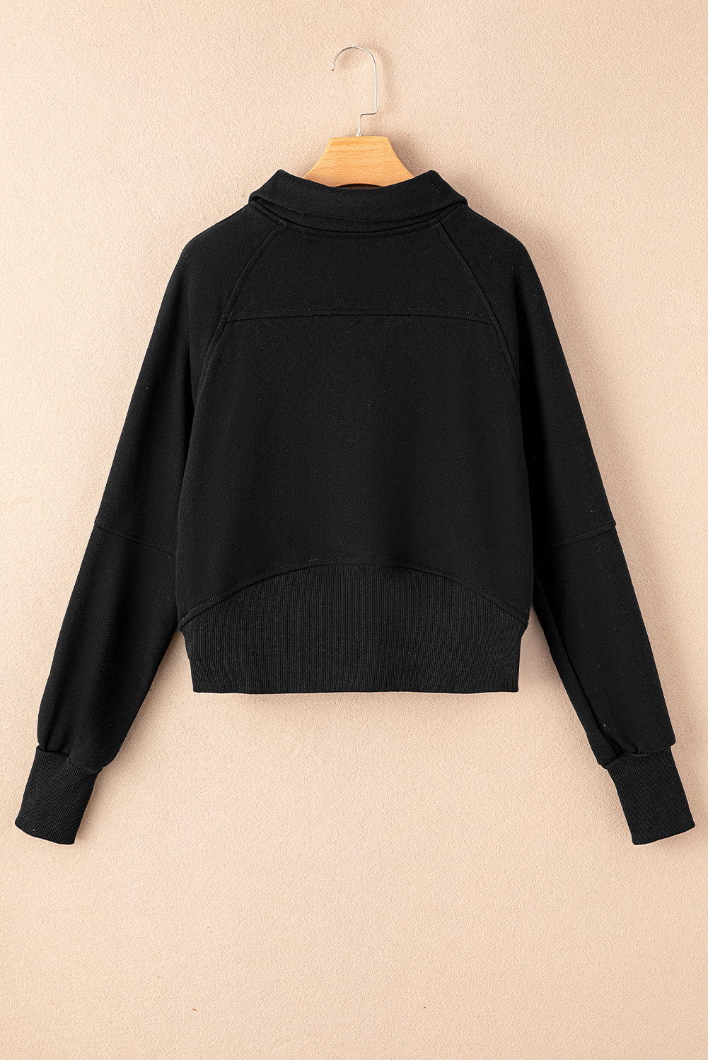 Black Zip Up Stand Collar Ribbed Thumbhole Sleeve Sweatshirt - The Fair Lady Shop