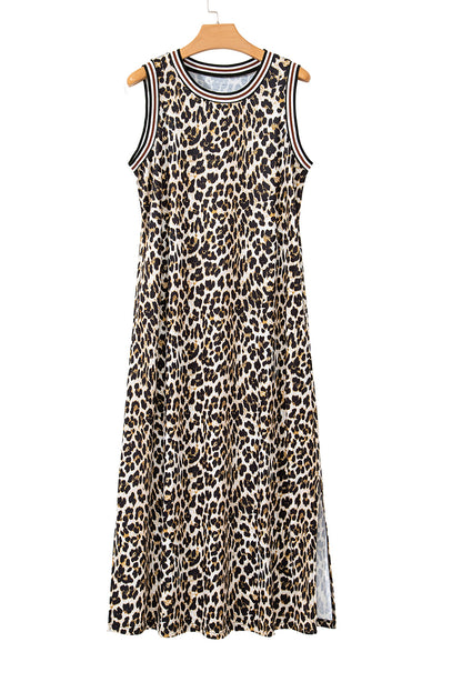 Black Contrast Striped Trim Leopard Sleeveless Midi Dress - The Fair Lady Shop