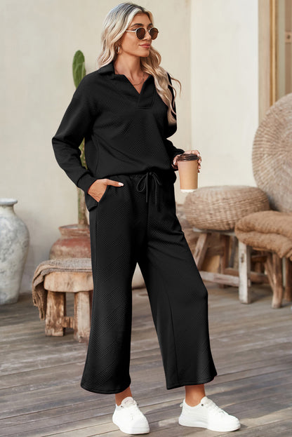 Black Plain Textured Collared V Neck Top and Wide Leg Pants Set - The Fair Lady Shop