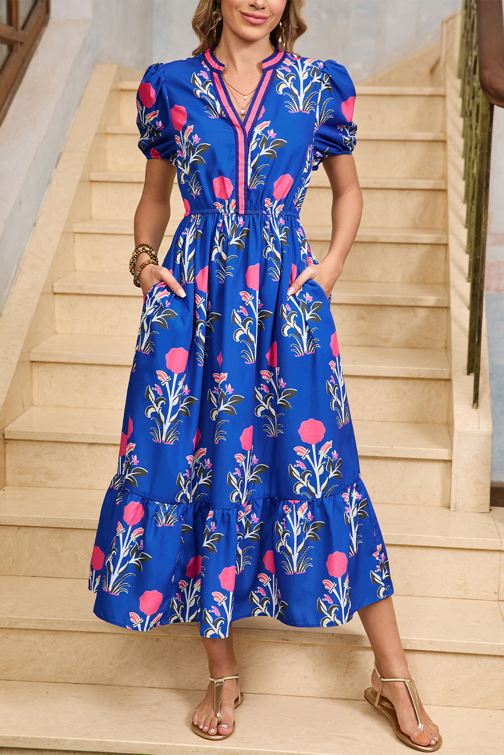 Sky Blue Floral Ruffle Hem Midi Dress - The Fair Lady Shop