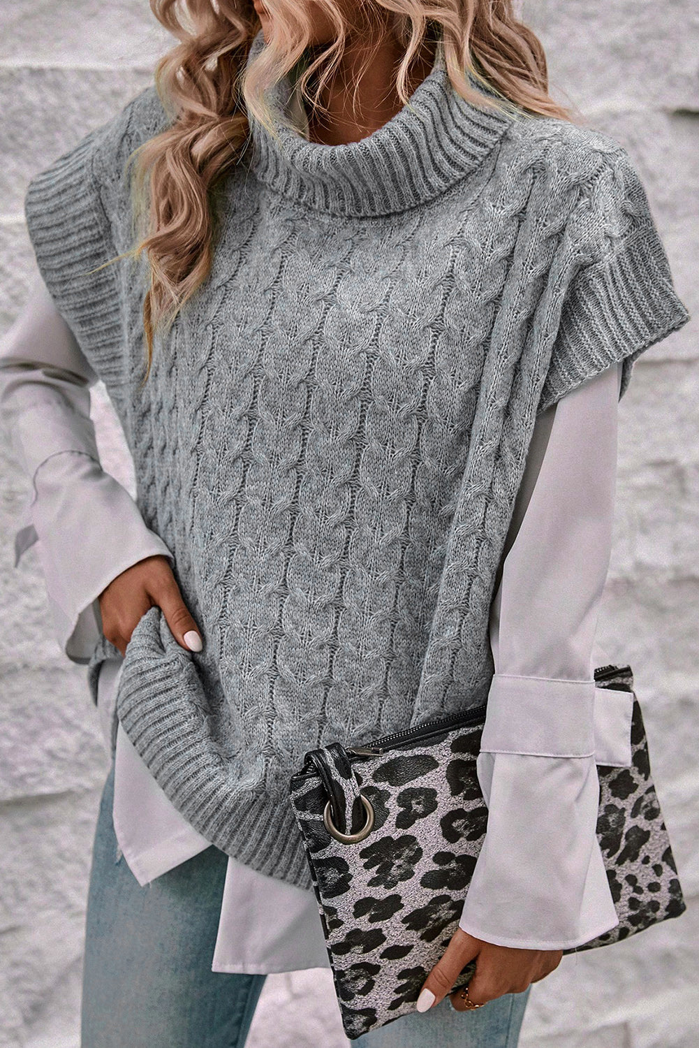 Medium Grey Cable Knit Turtleneck Short Dolman Sleeve Sweater - The Fair Lady Shop