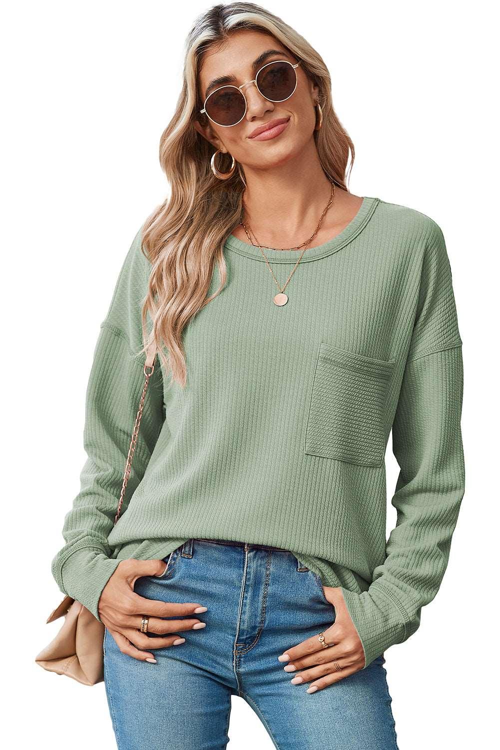 Apricot Pocketed Ribbed Long Sleeve Top - The Fair Lady Shop