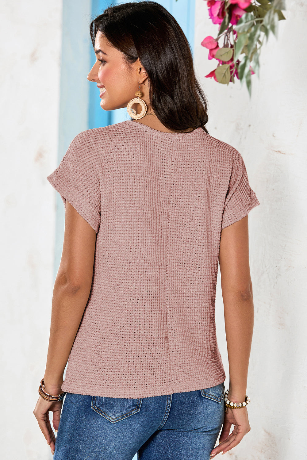 Light Pink Hollow Patchwork Waffle Knit Top - The Fair Lady Shop