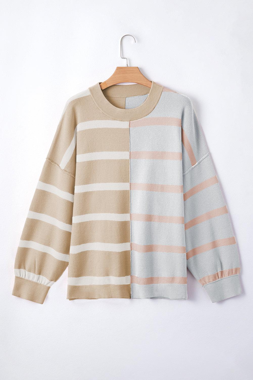 Khaki Stripe Exposed Seam Patchwork Loose Sweatshirts - The Fair Lady Shop