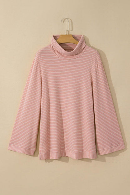 Pink Stripe Cowl Neck Side Slits Loose Fit Long Sleeve Top - The Fair Lady Shop