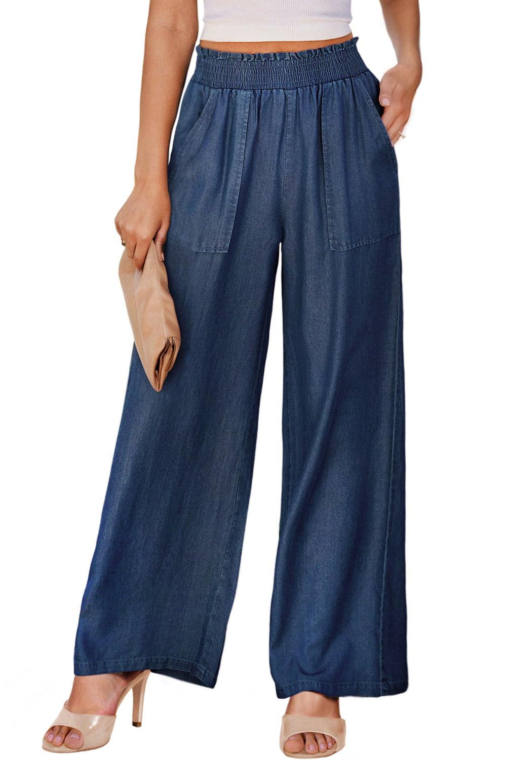Black Side Pockets Frilled Smocked High Waist Wide Leg Jeans - The Fair Lady Shop