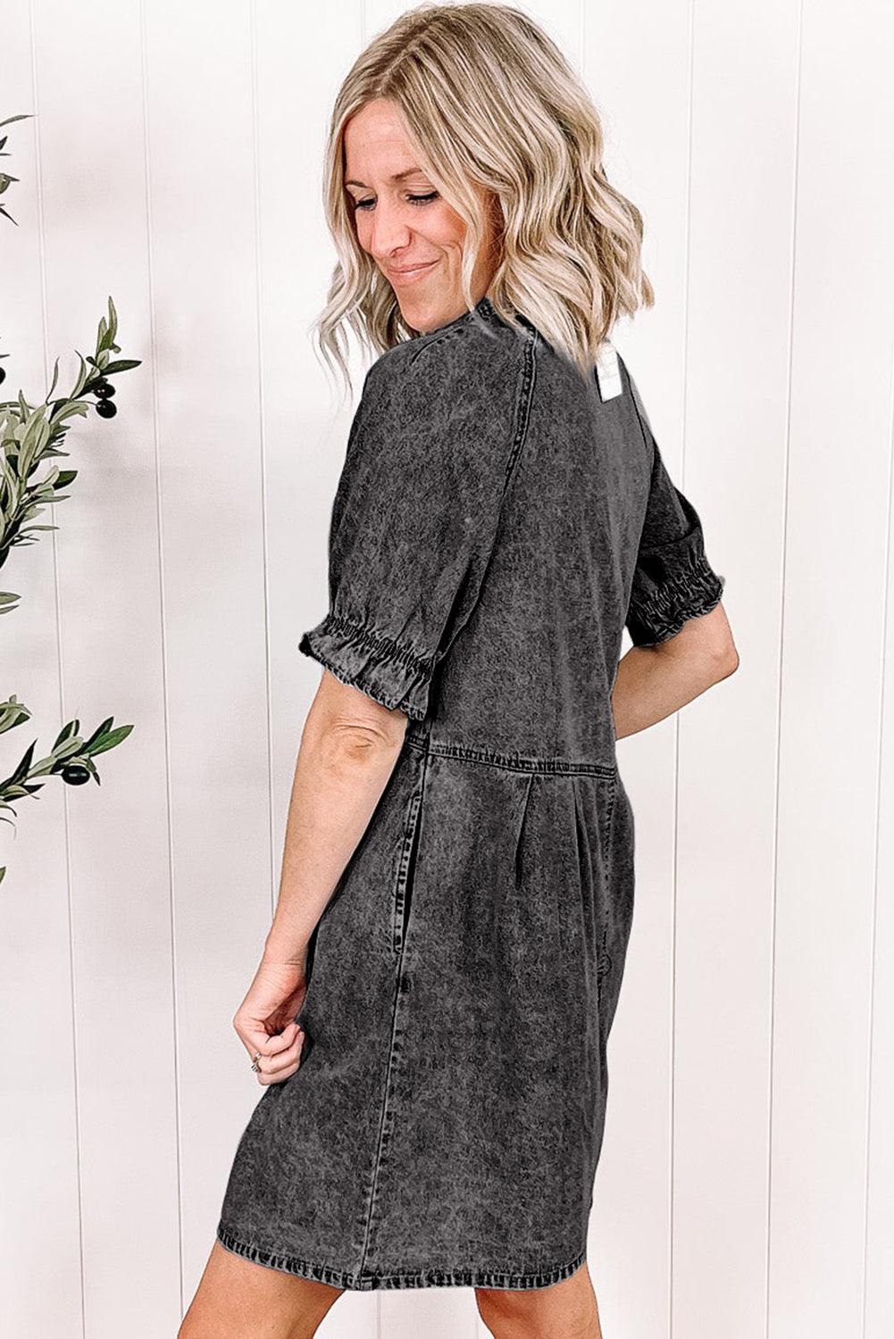 Blue Mineral Washed Ruffled Short Sleeve Pocketed Denim Dress - The Fair Lady Shop