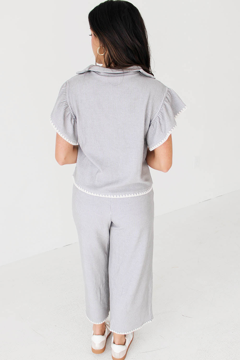 Gray Stripe Short Sleeve Collar Top And Shift Pants Set - The Fair Lady Shop