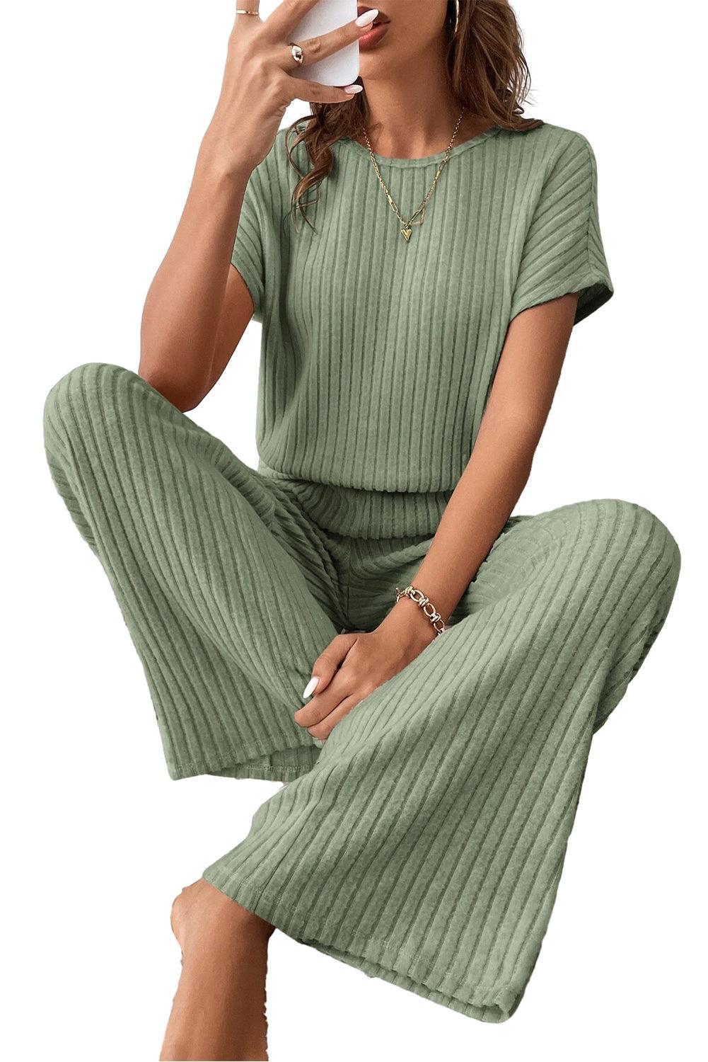 Grass Green Solid Color Ribbed Short Sleeve Wide Leg Jumpsuit - The Fair Lady Shop