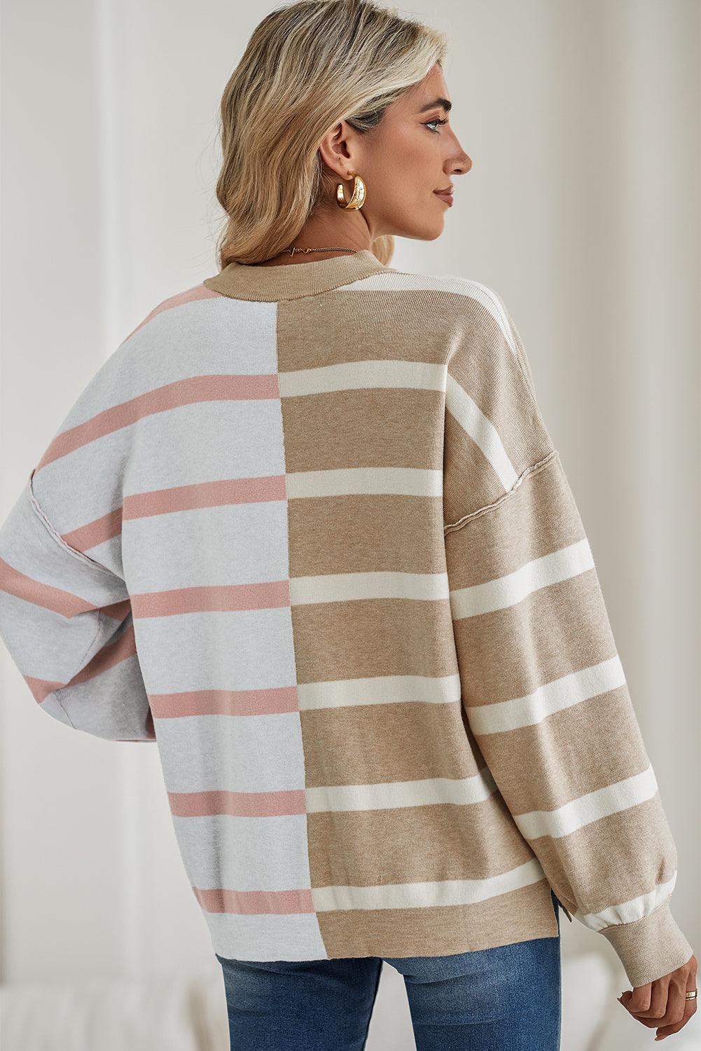 Khaki Stripe Exposed Seam Patchwork Loose Sweatshirts - The Fair Lady Shop