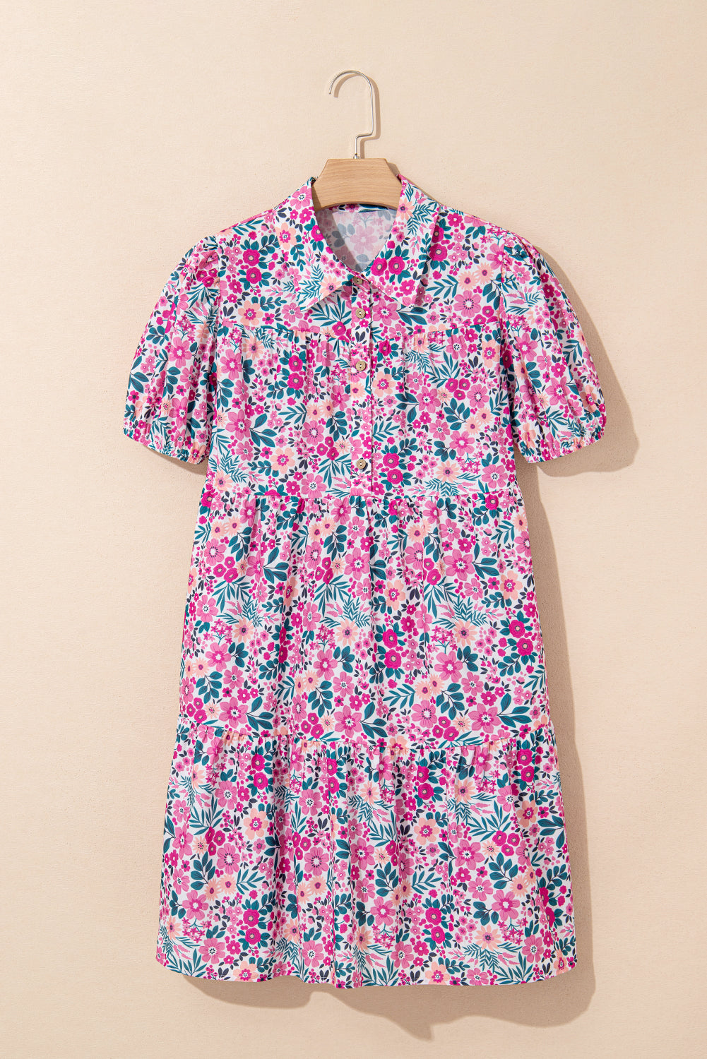 Pink Allover Floral Print Collar Half Button Short Sleeve Loose Dress - The Fair Lady Shop