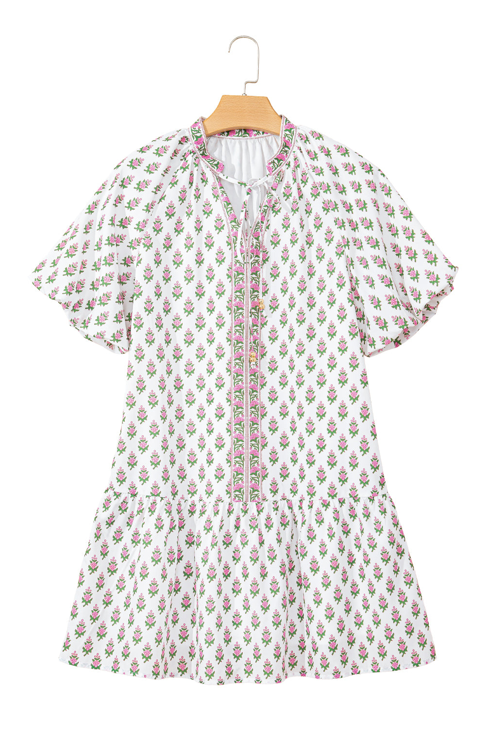 Pink Floral Print Drawstring V Neck Bishop Sleeve Boho Dress - The Fair Lady Shop
