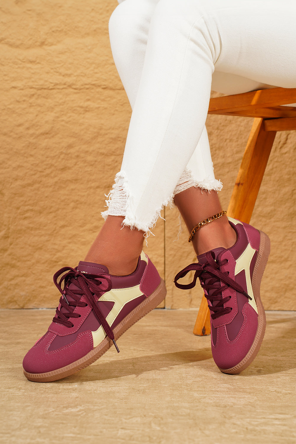 Fiery Red PU Leather Stitched Colorblock Casual Lace-Up Sneakers